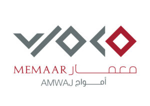 Logo with geometric shapes above the text "Memaar" in English and Arabic, and "AMWAJ" in English and Arabic, using grey and red colors.