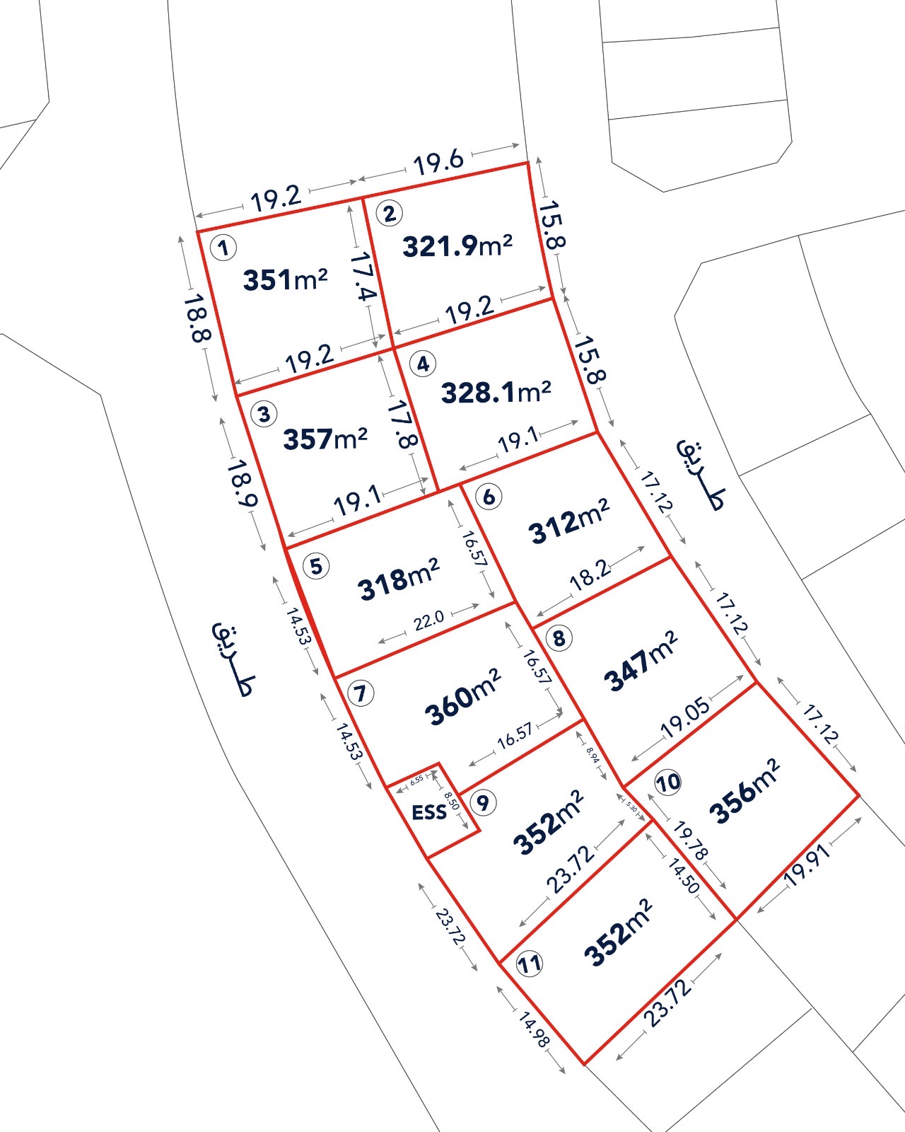 Site map showing 12 adjacent land plots, each labeled with their area in square meters and dimensions in meters, bordered by roads on three sides.